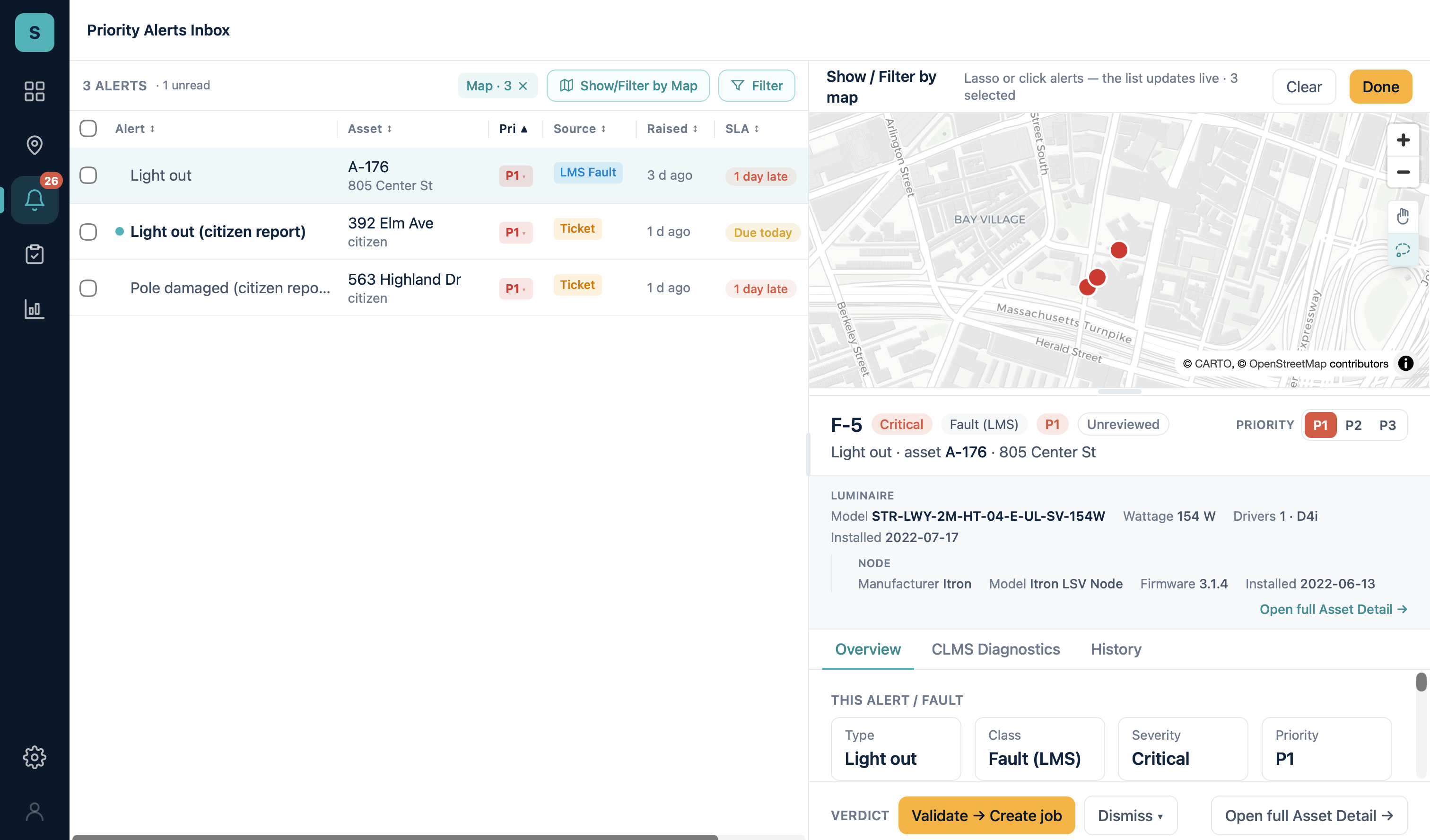 The StreetOps priority alerts inbox, showing three prioritized alerts with source, age and SLA status